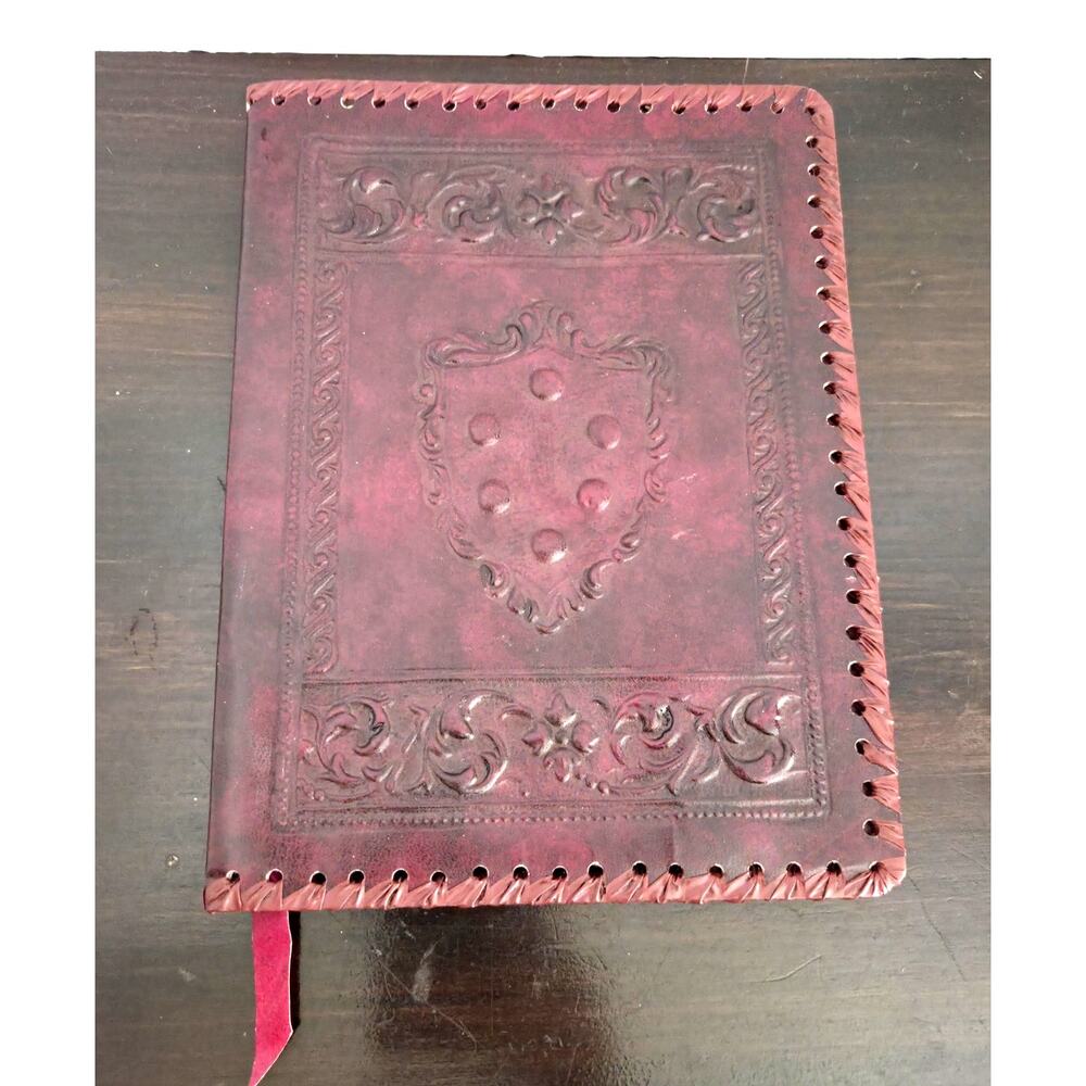 Vintage Embossed Red Leather Book Cover Hand Tooled, Braided 7x9’’ Medici Crest